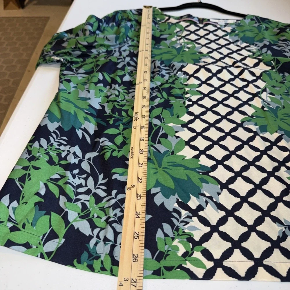 Boden Elisa top short sleeve silk blend‎ back zips up blue green ivory, size 18